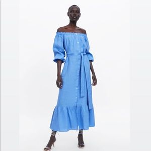 Zara blue linen ruffled dress